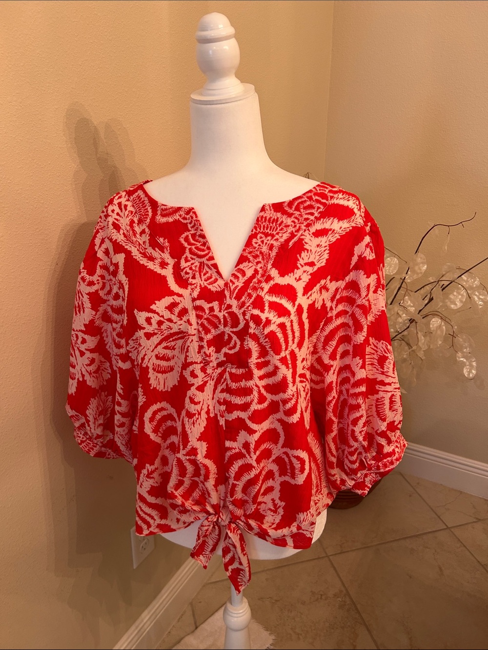 Rose & Olive Red and White Floral Tie-Front Blouse